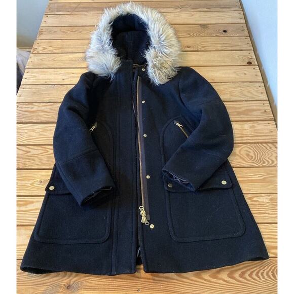 J Crew Hooded Stadium Cloth Nellogori Wool Coat Size 6 Women’s Black Full Zip